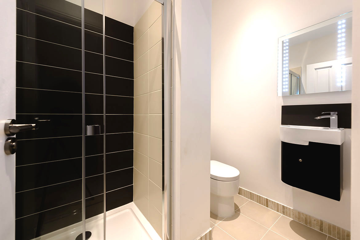 Apartment modern bathroom tiling space saving planning
