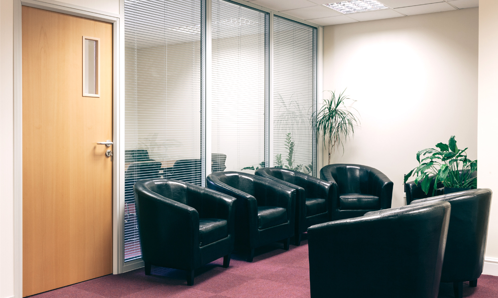 Partition wall glazing built in integral blinds seating plan